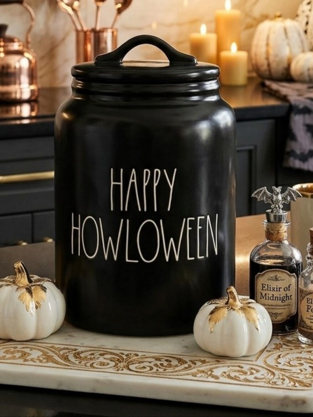 Rae Dunn HAPPY HOWLOWEEN Canister - black - 9' tall -Rae 6" diemeter K701907